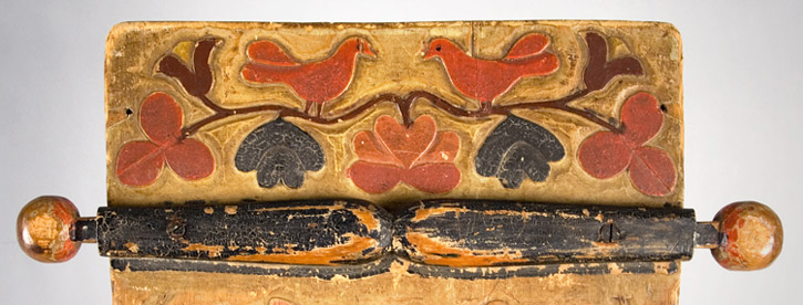 Mohawk Carved and Painted Wood Cradle Board, Flower, Leaf & Bird Motif New York, Iroquois, detail view 1